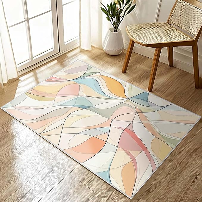 2x3 Entryway Rugs Machine Washable Area Rug Blue Yellow Pink White Modern Abstract Colorful Rug Non-Slip Low Pile Door Mat Entrance Small Carpet for Home Kitchen Bathroom Bedroom
