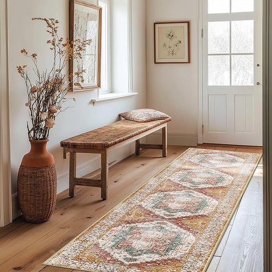 Washable 2x10 Area Rugs, Rugs for Living Room, Low-Pile Water&Stain Resistant Carpet Vintage Distressed Printed Non-Slip Carpet for Bedroom Bathroom Kitchen-Yellow/Brown