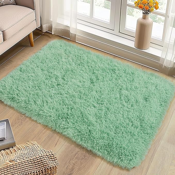 2x3 Fluffy Small Rugs for Bedroom Living Room Dorm Kids Room Home Decor, Soft Indoor Fuzzy Shag Area Rug, Non-Slip Rectangle Plush Throw Rug, Sage Green