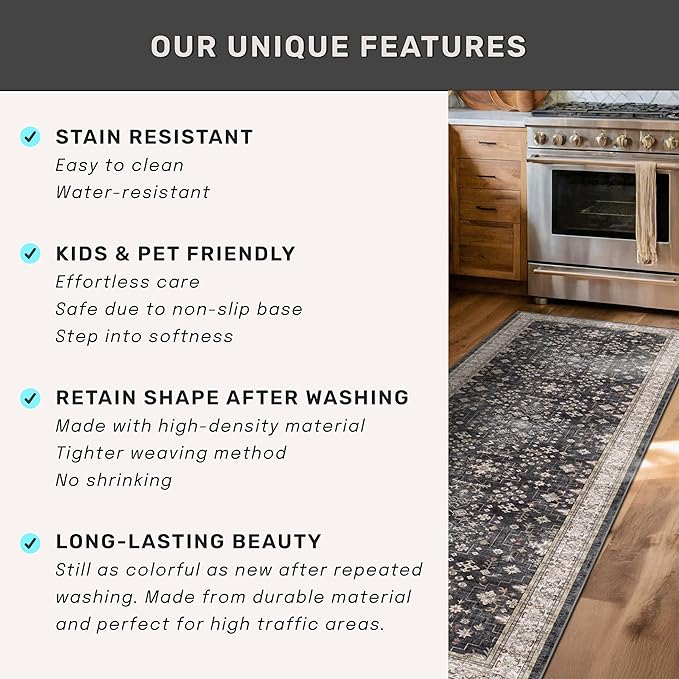 Black Entryway 2x5 Runner Rug, Small Throw Runners for Kitchen Bedroom Bathroom Laundry Room, Vintage Floral Decor & Non-Slip Low-Pile Washable Stain Resistant, Dark Ashen Charcoal