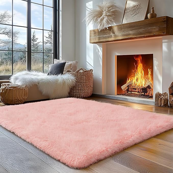 Zentavio Pink Rugs for Girls Room 5x8 Area Rugs for Living Room Cute Carpet for Bedroom Washable Soft Fluffy Shag Aesthetic Plush High Pile Throw Rug for Nursery Kids Room Dorm Room