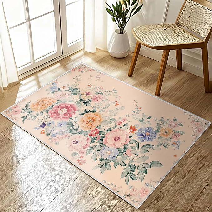 2x3 Entryway Rugs Machine Washable Area Rug Pink Blue Red Yellow Floral Boho Botanical Leaf Flower Rug Non-Slip Low Pile Door Mat Entrance Small Carpet for Home Kitchen Bathroom Bedroom
