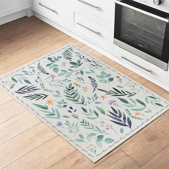 Syalife 2x3 Area Rugs, Non Slip Washable Small Rugs for Entryway, Kitchen, Bathroom, Kids Room, Low Pile Entry Throw Rug Indoor Front Door Mat (Green Leafy, 2'x3')