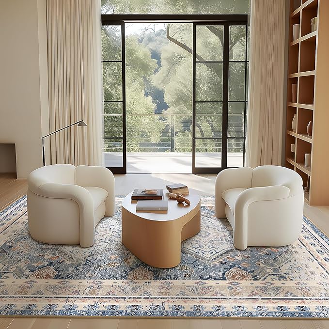 Phantoscope Vintage Collection Area Rug 9'x12' - Large Living Room Rug - Washable Rug Boho Rugs Non-Slip for Bedroom Dining Room, Low-Pile Floor Carpet Distressed Accent Rug, Dusty Blue/Multi