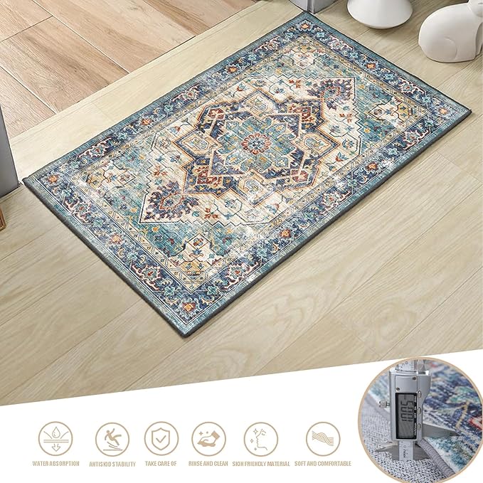 Yancorp 3'x5' Boho Area Rug for Bedroom Non Slip Washable Rug Vintage Carpet Living Room Indoor Door Mat Bedroom Kitchen Entryway Rug for Entrance Lake Blue