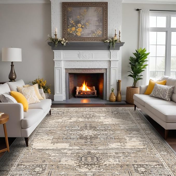 RUUGME Washable 8x10 Area Rugs - Large Rugs for Living Room Stain Resistant Carpet Vintage Rugs for Bedroom with Non Slip Backing Home Decor Floor Decoration Mat (8x10 Beige)