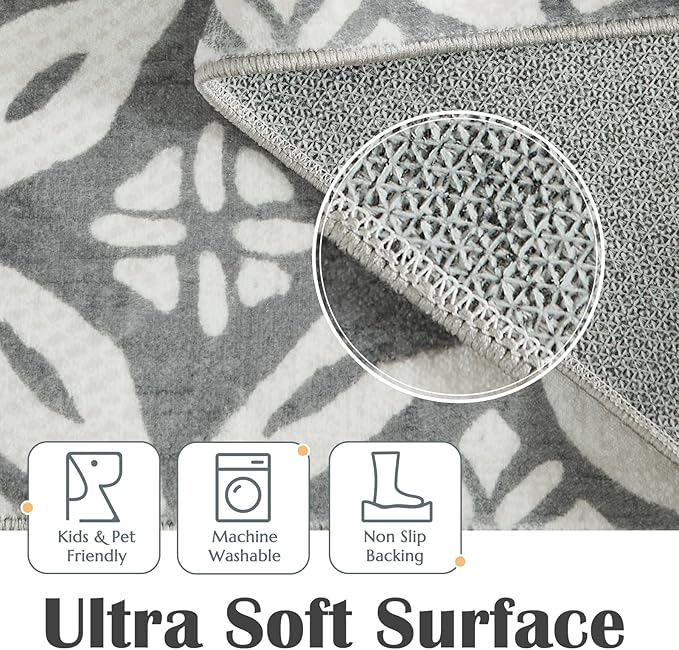 jinchan Runner Rug 2x5 - Hallway Rug Kitchen Washable Runner Rug Faux Wool Geometric Soft Rug Tile Pattern Floral Print Rug Stain Resistant Non-Slip Carpet for Bathroom Bedroom Laundry Room Grey