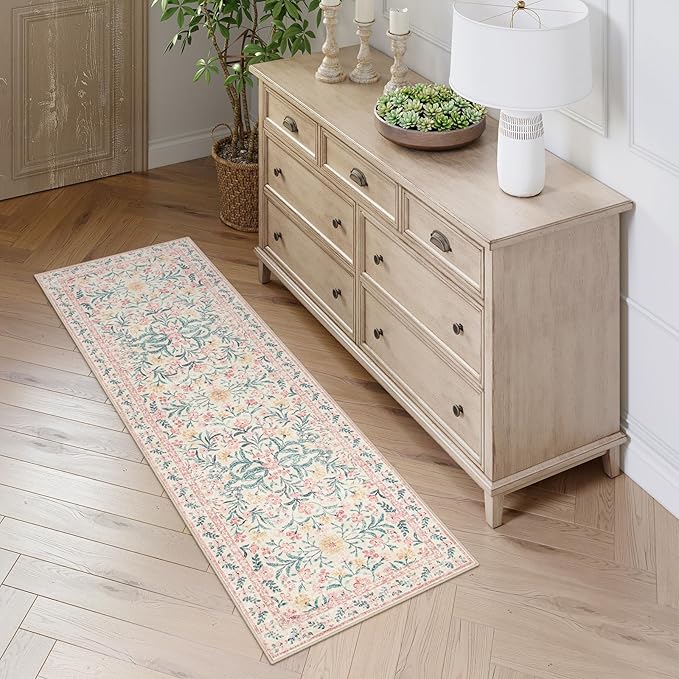 Lahome Boho Hallway Runner Rug 2x6,Floral Kitchen Runner Rugs Non Skid Washable,Super Soft Indoor Throw Carpet for Girls Bedroom Bedside Bathroom Laundry Room, Pink/Multi