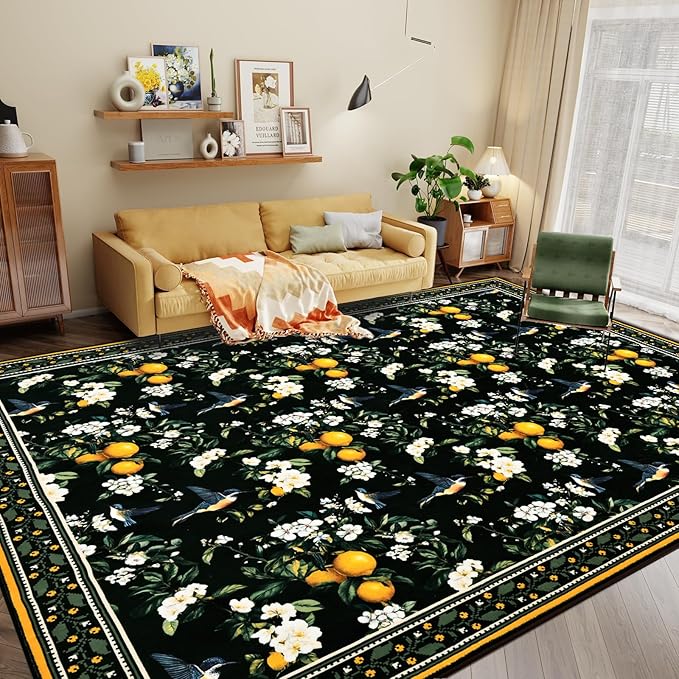 ASPMIZ Black Floral Area Rug 8x10 Vintage Large Rugs for Living Room Washable Lemon Throw Rugs Non Slip Foldable Soft Low Pile Hummingbird Floor Carpet for Bedroom Kitchen Dining Room Nursery Office