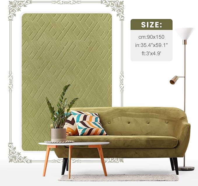 Ultra Soft Green Area Rug for Bedroom, 3x5 Modern Geometric Shag Rugs with Nonslip Backing for Living Room, Washable Fuzzy Carpet for Cozy Kids Room Nursery