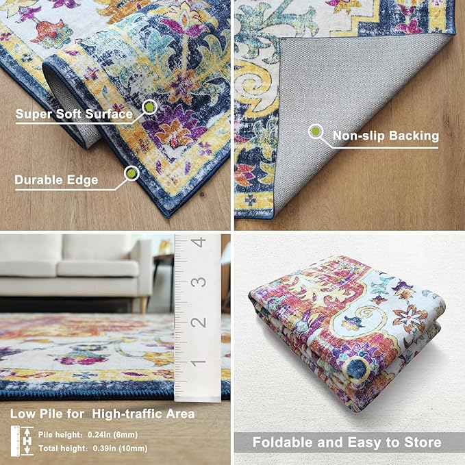 Washable Runner Rug 2x6 Non Slip Machine Washable Boho Hallway Runner Rug, Low Pile Bohemian Rugs for Entryway, Corridor and Kitchen