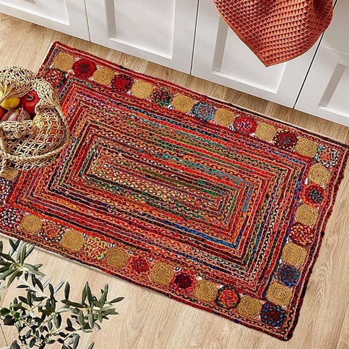GRUHUM Jute Cotton Area Rug 8x10ft -Natural Multicolour Handwoven Boho Chindi Farmhouse Soft Braided Rustic Vintage Eco Friendly Rug for Indoor Kitchen Bedroom Living Room Hallways Enterways 8x10ft