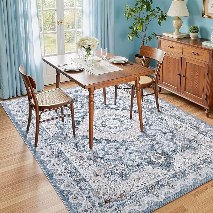 8x10 Area Rug for Bedroom, Machine Washable Rugs with Non-Slip Backing for Living Room, Large Vintage Carpet Kitchen Laundry Kids Room Decor, Blue & Beige