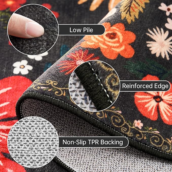 2x3 Rug Front Door Indoor Entrance Boho Vintage Floral Pattern Black Faux Wool Throw Rugs with Rubber Backing Washable Non Slip Stain Resistant Doormat Small Area Rugs for Entryway Kitchen Laundry