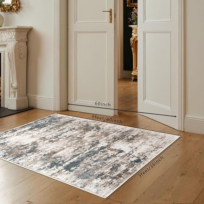 3x5 Abstract Washable Area Rug, Doormat Rugs, Non Pile, Tear and Stain Resistance, Non-Slip, Hand Woven Style Thin Entryway Rug Throw Rug for High Traffic Entrance Bedside- Multi