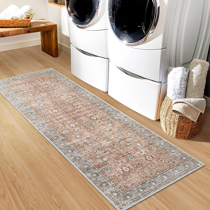 LIVEBOX Washable Runner Rug 2x6 - Boho Kitchen Runner Rug Long Entryway Hallway Rugs, Low-Pile Vintage Terracotta Rugs for Bedroom, Non-Slip Soft Carpet for Bathroom Laundry Room Hallway