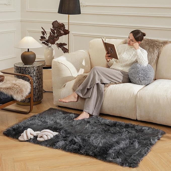 Ashler Faux Fur Area Rug - Ultra Soft Fluffy Shaggy Sheepskin 3 x 5 Feet, Dark Grey, Machine Washable - Nursery Decor Throw for Bedroom, Living Room, Kids Room