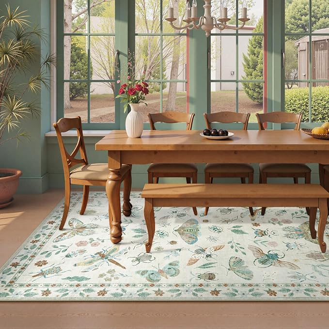 Beeiva Insect Print Rug 5x7, Washable Throw Rugs for Bedroom, Non Slip Soft Low Pile Ultra Thin Foldable Carpet for Office, Kids Room, Playroom, Nursery, Living Room - Beige