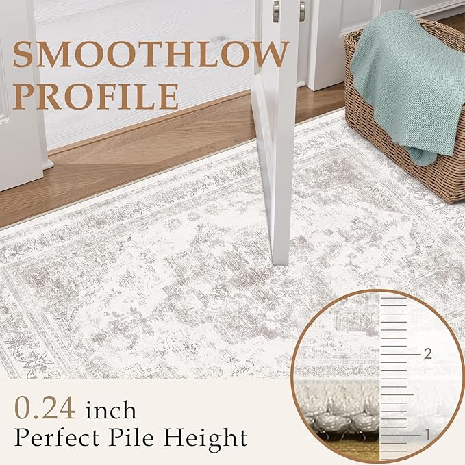 Area Rug 4x6 Washable Light Gray Rug Vintage Boho Medallion Entryway Door Mat Grey Distressed Retro Carpet Non Slip Low Pile Small Soft for Office Kitchen Bedroom Laundry Bathroom Hallway