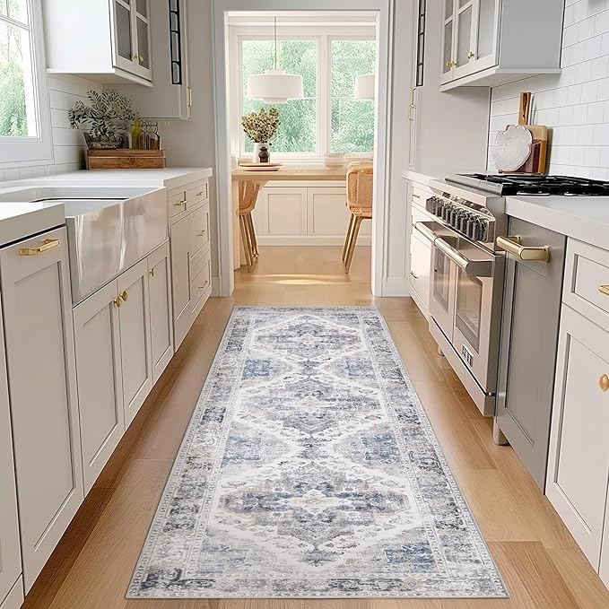 jinchan Runner Rug 2x8 Washable Kitchen Runner Rug Non Slip Grey Vintage Hallways Ultra-Thin Floral Print Floor Cover Accent Throw Carpet for Laundry Room Bedroom Living Room