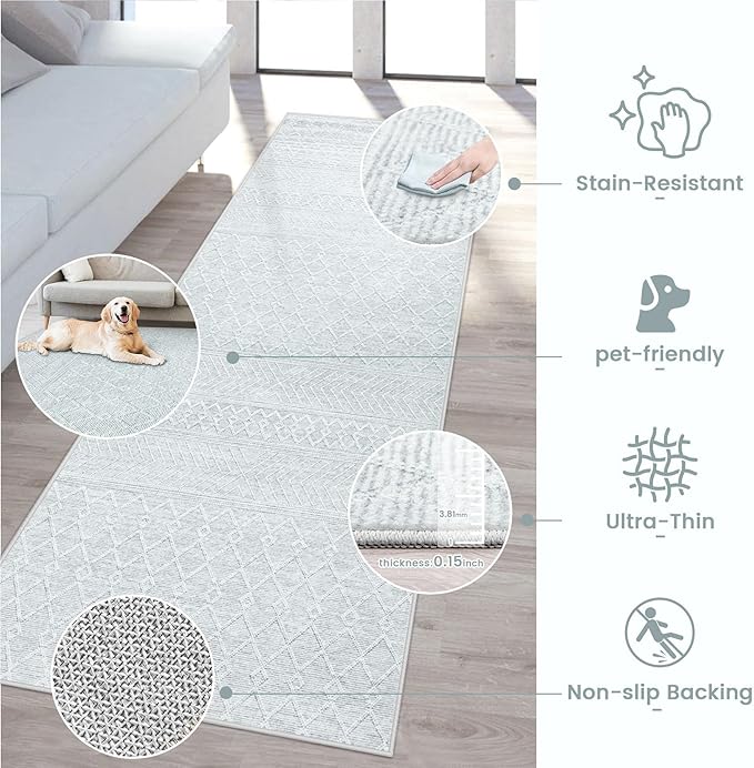 2x6 Runner Rug: Washable Boho Hallway Geometric Moroccan Throw Rug Neutral Modern Farmhouse Indoor Soft Non Slip Ultra Thin Printed Pattern Rugs for Kitchen Bedroom Laundry (Grey, 2'x6')