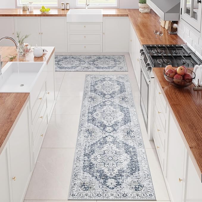 jinchan Runner Rug 3x10-2pcs Vintage Hallway Rug Kitchen Washable Runner Retro Floor Cover Lightweight Non-Slip Thin Distressed Carpet for Entryway Bathroom Laundry Room Bedroom Stairway Grey