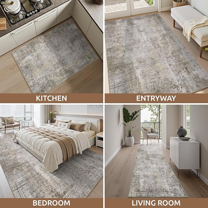 2 x 3 Small Area Rug Indoor Entryway Rug Machine Washable Non Slip Low Pile Carpet Modern Abstract Rugs for Bedroom Kitchen Powder Room Front Porch Bathroom, Beige