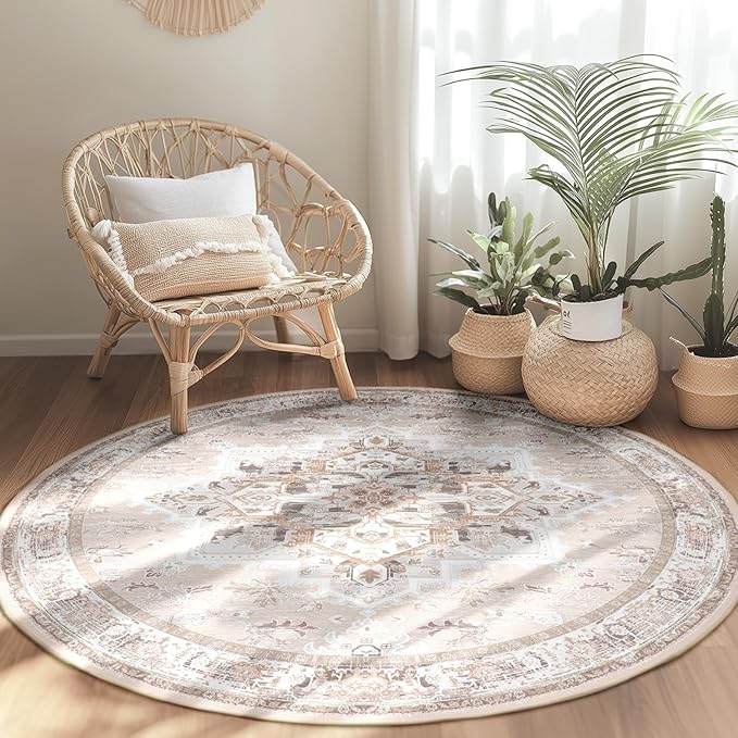 BESTSWEETIE 6ft Area Rugs for Living Room Washable Non Slip Carpet Low Pile Soft Vintage Print Pattern Rug for Bedroom Dining Room Kitchen Entryway Indoor-Light Pink