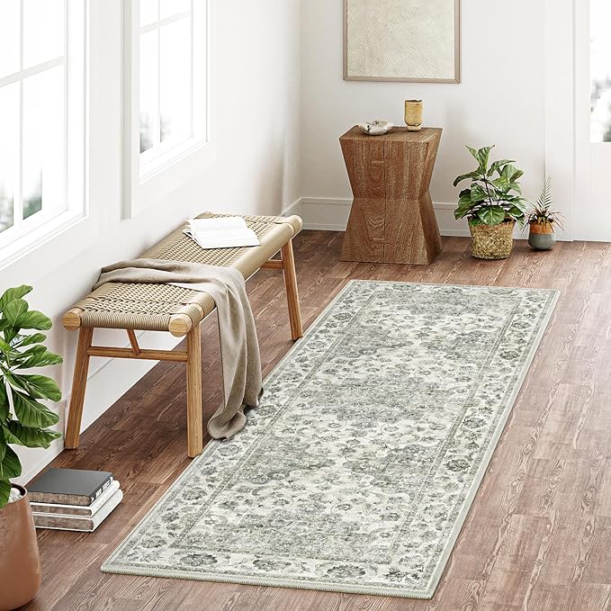 2x6 Washable Neutral Runner Rug Green Hallway Kitchen Non-Slip Low Pile Floral Carpet Vintage Soft Thin Throw Rug for Bathroom Bedroom Entryway Laundry Dining Room