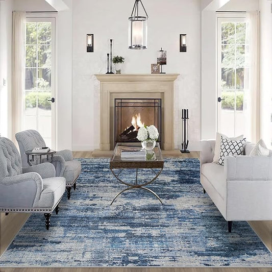 10x12 Area Rugs for Living Room: Large Machine Washable Area Rug with Non Slip Backing Non Shedding Abstract Stain Resistant Carpet for Bedroom Dining Room Nursery Home Office - Beige/Blue