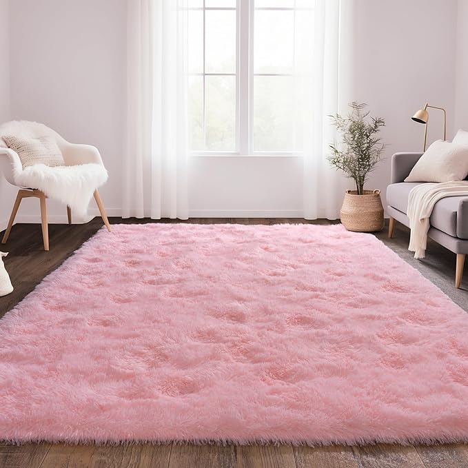 Pink Fluffy Rug for Bedroom 8x10 ft Large - Ultra Soft & Non Slip Shaggy Area Rug, Comfy Durable Carpet for Living Room Kids Room Teens Dorm Home Decor, 1.7'' Thick Indoor Plush Carpets