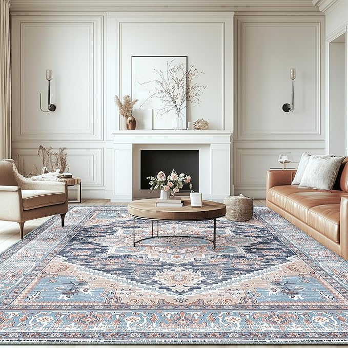 BESTSWEETIE 6x9 Area Rugs for Living Room Washable Non Slip Carpet Low Pile Soft Vintage Print Pattern Rug for Bedroom Dining Room Kitchen Entryway Indoor-Navy Blue/Light Blue/Natural/Brick