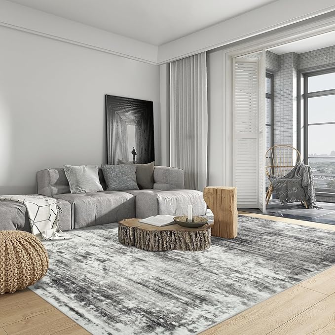 5x7 Area Rugs Washable Rug: Modern Abstract Living Room Rug Soft Anti-Skid Thin Carpet Indoor Floor Non-Shedding Carpets for Bedroom Dining Room Farmhouse Nursery Home Office - Black Grey