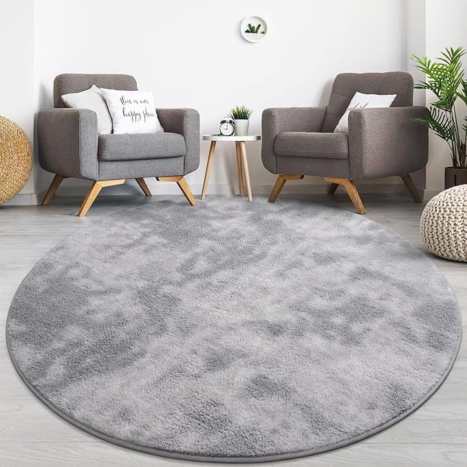 Lascpt Round Rug for Bedroom 6x6, Tie-Dyed Grey Circle Rug for Living Room Super Soft Thicken Memory Foam Circular Rug, Indoor Area Rug for Modern Home Decor, Round Carpet for Nursery Kid's Room