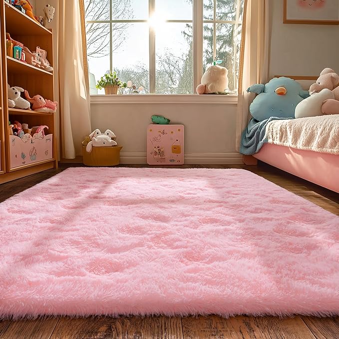 Pink Fluffy Rug for Bedroom 6x9 ft - Ultra Soft & Non Slip Shaggy Area Rug, Comfy Durable Carpet for Living Room Kids Room Teens Dorm Home Decor, 1.7'' Thick Indoor Plush Carpets
