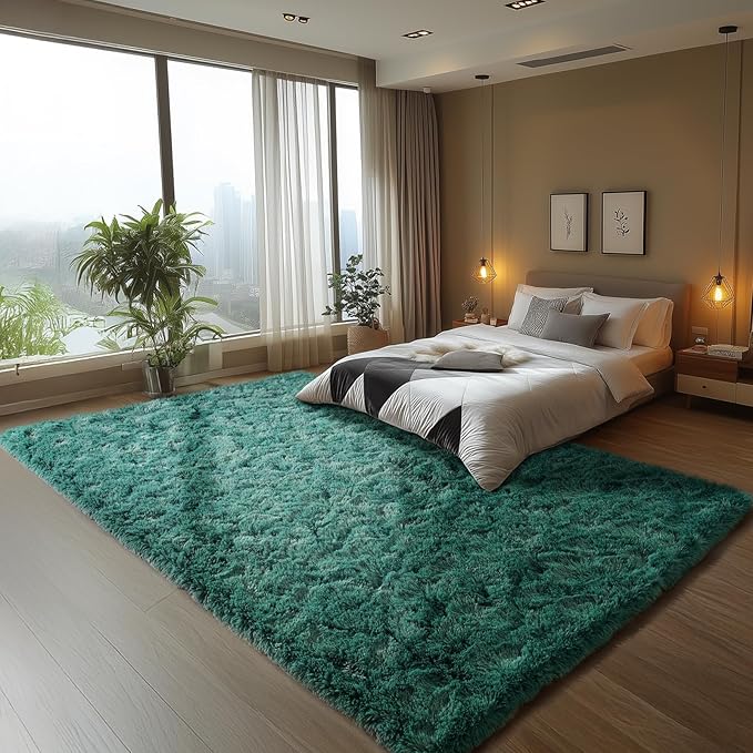 Zentavio Dark Green Area Rugs for Living Room Emerald Green Rugs for Bedroom 9x12 Fluffy Fake Grass Large Carpet for Kids Room Playroom Furry Shag Aesthetic Soft High Pile Washable Home Decor