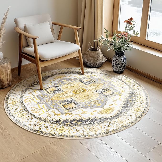 Washable 6ft Area Rugs, Rugs for Living Room, Low-Pile Water&Stain Resistant Carpet Vintage Distressed Printed Non-Slip Carpet for Bedroom Bathroom Kitchen-Grey Yellow