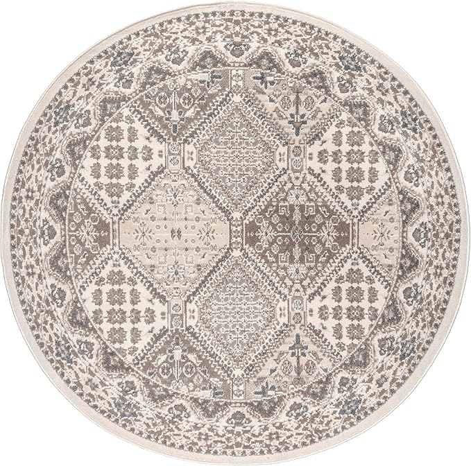 nuLOOM 6 Round Becca Traditional Tiled Area Rug, Beige, Faded Transitional Design, Stain Resistant, For Bedroom, Dining Room, Living Room, Hallway, Office, Kitchen, Entryway