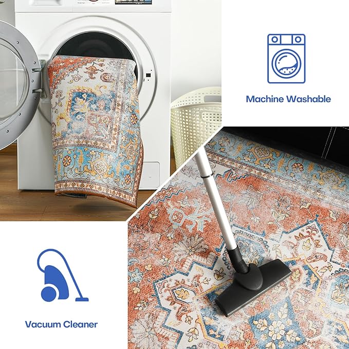 YJ.GWL Large Area Rug for Living Room, 5x7 Machine Washable Boho Rug for Bedroom, Low Pile Lightweight Thin Rugs Floral Vintage Distress Print Pattern Carpet for Dining Room, Brick