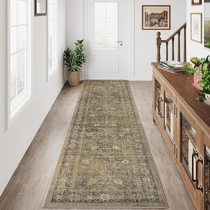 2x8 Brown Black Area Rug Runners for Hallways Washable Vintage Distressed Carpet Low Pile Non Slip Indoor Retro Soft Long Accent Rug Bedroom Kitchen Bathroom Laundry Dining Living Room