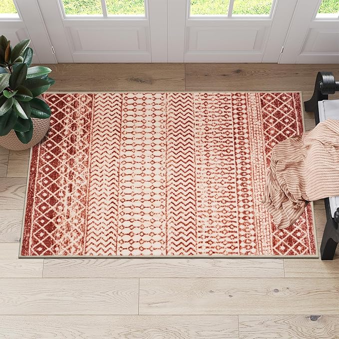 Moroccan Indoor Door Mats for Entryway, 2x3 Throw Rugs with Rubber Backing Washable, Soft Low-Pile Kitchen Rug Floor Carpet for Entrance Bedroom Bathroom Powder Room