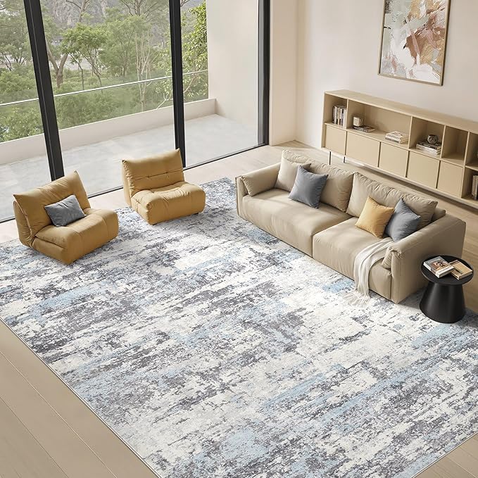 Area Rugs for Living Room: 5x7 Abstract Washable Rug Modern Neutral Large Soft Stain Resistant Non-Slip Backing Machine Table for Bedroom Dining Room Indoor Home Office Carpet - Blue Grey