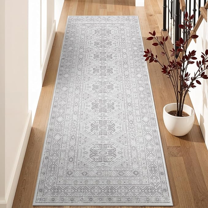3x8 Runner Rug Kitchen Washable: Oriental Indoor Hallway Runners with Non Slip Backing Floor Mat for Entryway Door Low Pile Thin Carpet for Bedroom Bathroom Living Room Bedside Grey
