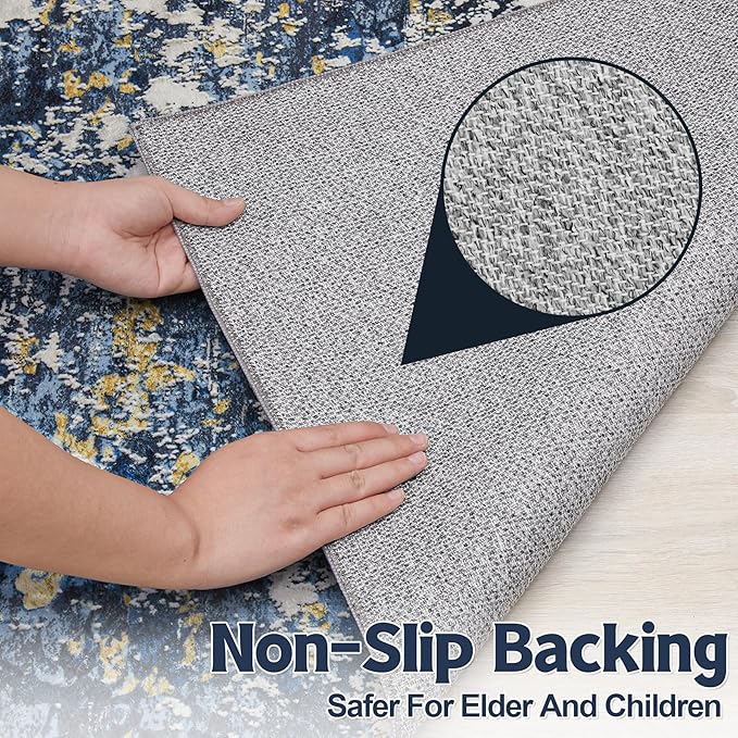 10x14 Area Rugs Living Room Rugs: Large Washable Rug with Anti-Slip Backing Non-Shedding Stain-Resistant Soft Abstract Carpet for Bedroom Dining Room Nursery Home Office-Blue/Multi