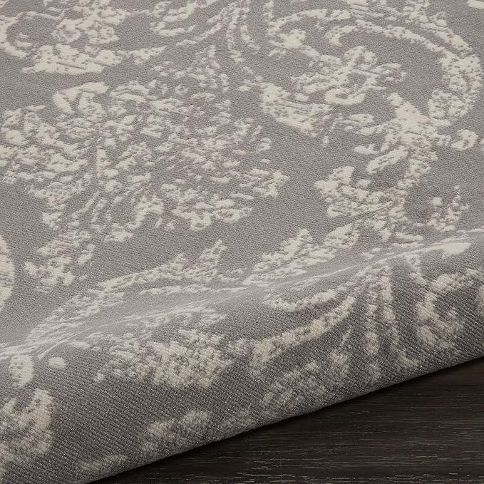 Nourison Jubilant Damask Grey 8' x Round Area -Rug, Easy -Cleaning, Non Shedding, Bed Room, Living Room, Dining Room, Kitchen (8 Round)