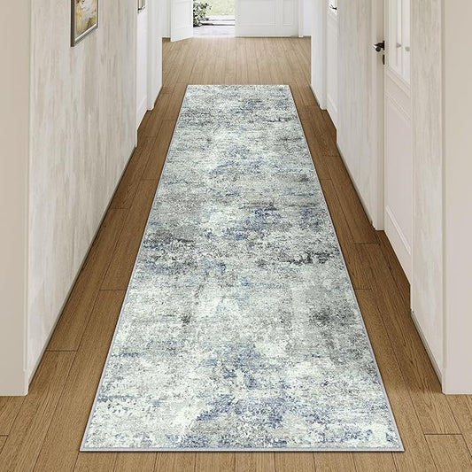 2x8 Runner Rug for Hallways Blue Grey Non Slip Washable Neutral Modern Abstract Indoor Rug Thin Soft Throw Low Pile Kitchen Carpet for Bedside, Bedroom, Bathroom, Entryway