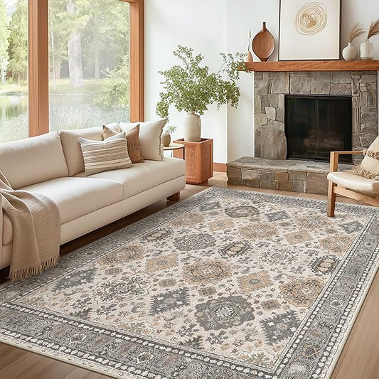 3x5 Area Rugs for Living Room, Machine Washable Rug Non Slip, Vintage Chenille Distressed Print Carpet, Large Low Pile Ultra-Thin Lightweight Rugs for Bedroom, Dining Room, Office Grey Ivory