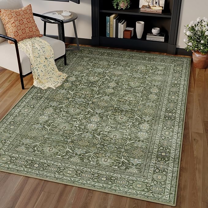 Vintage Area Rug 4x6 Green Entryway Office Washable Carpet Non Slip Bedroom Indoor Living Room Door Mat Low Pile Traditional Distressed Retro Accent Rug for Dining Room Bathroom Kitchen