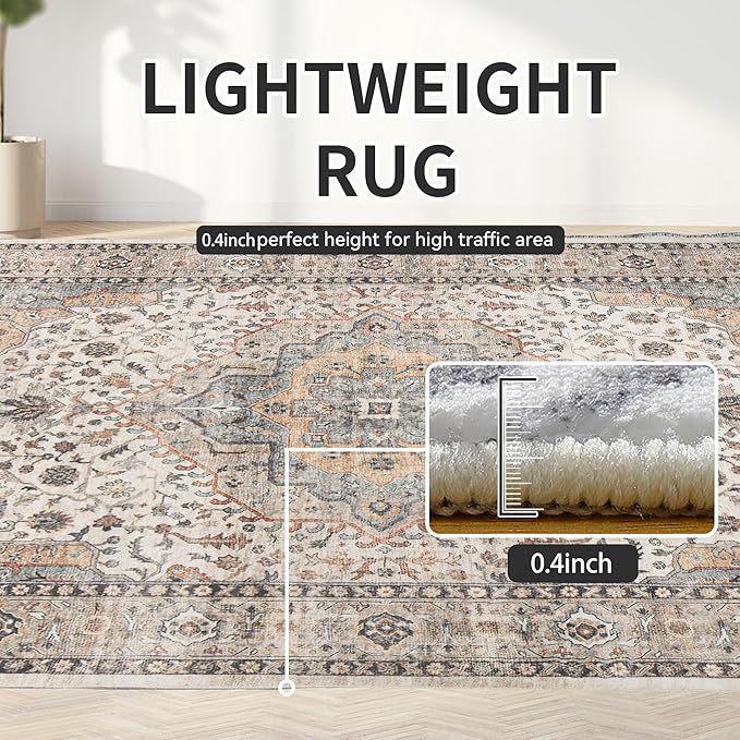 Beige Area Rug for Bedroom & Living Room - Washable, Non-Slip, Foldable, Low Pile, 5x7