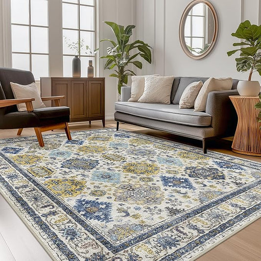 3x5 Area Rugs for Living Room, Machine Washable Rug Non Slip, Vintage Chenille Distressed Print Carpet, Large Low Pile Ultra-Thin Lightweight Rugs for Bedroom, Dining Room, Office Ivory Blue